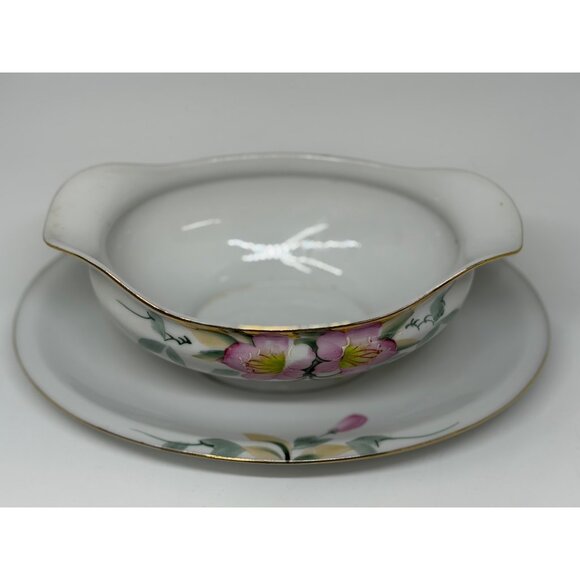 VTG Noritake Azalea Gravy Sauce Boat Attached Underplate Hand Painted Japan READ - Picture 2 of 8